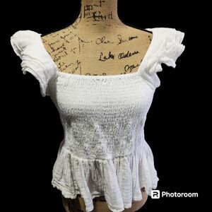 Mille Resort & Travel Smocked Ruffle Peplum Blouse Womens SZ Large Travel Summer